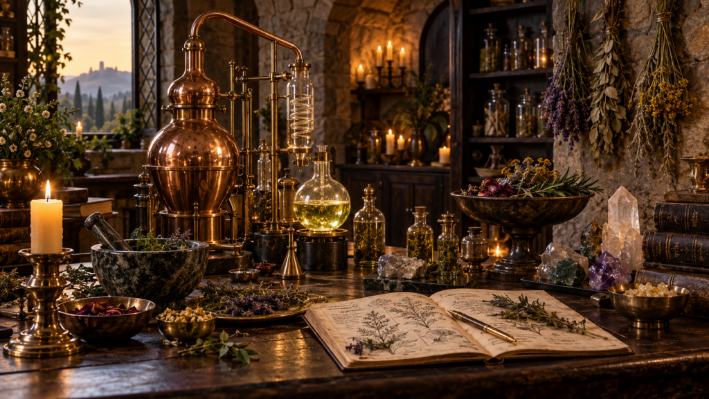 Modernes alchemistisches Labor mit Pflanzen, Mineralien, Destille und warmem Kerzenlicht