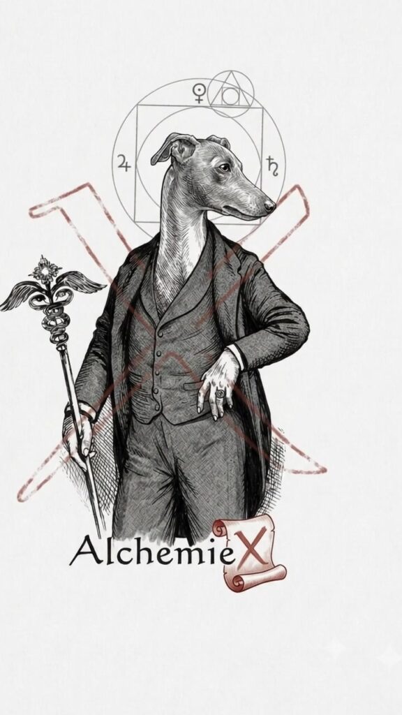 Ushas als illustrierte Alchemistin mit Stab und alchemistischen Symbolen